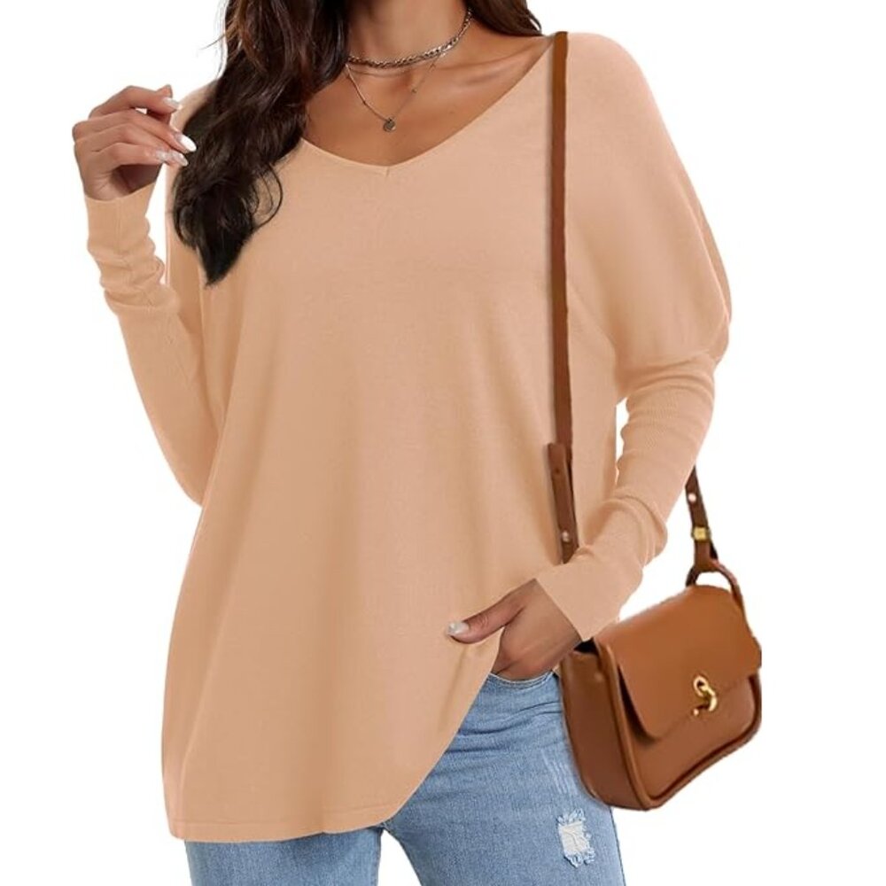 Oversize V Neck Sweater Bishop Sleeve Khaki Tan Women Sz M - Picture 2 of 10